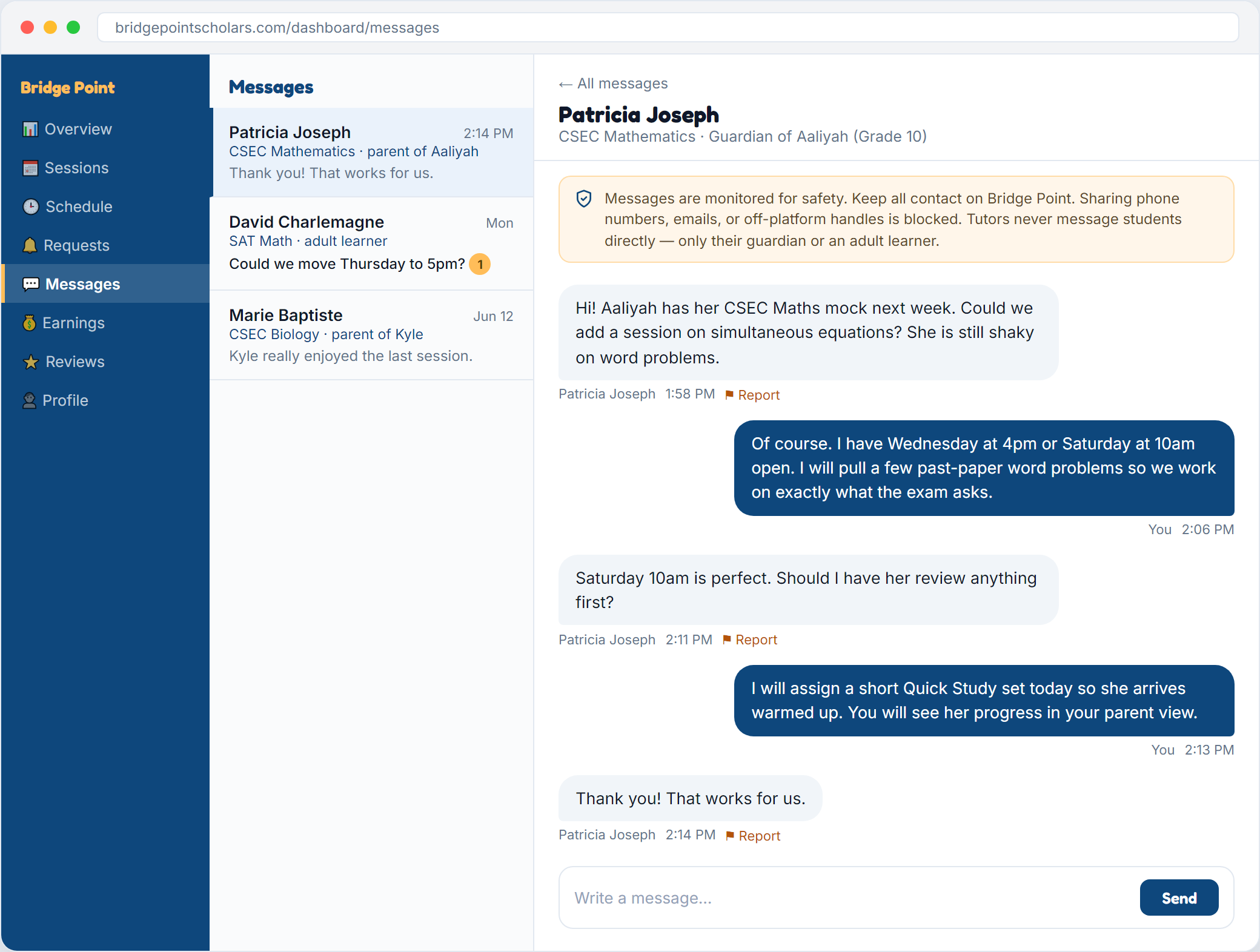 Bridge Point messaging inbox showing a tutor and guardian conversation
