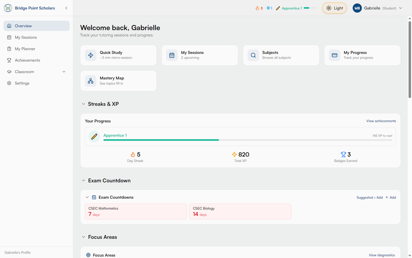 Student dashboard showing a 5-day streak, XP and level, exam countdowns, and the mastery map