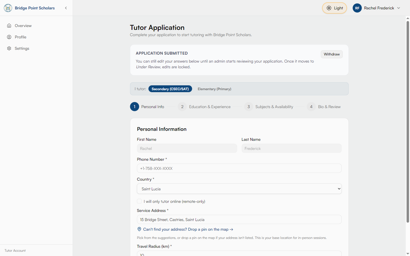 Tutor application form with the four-step guided flow