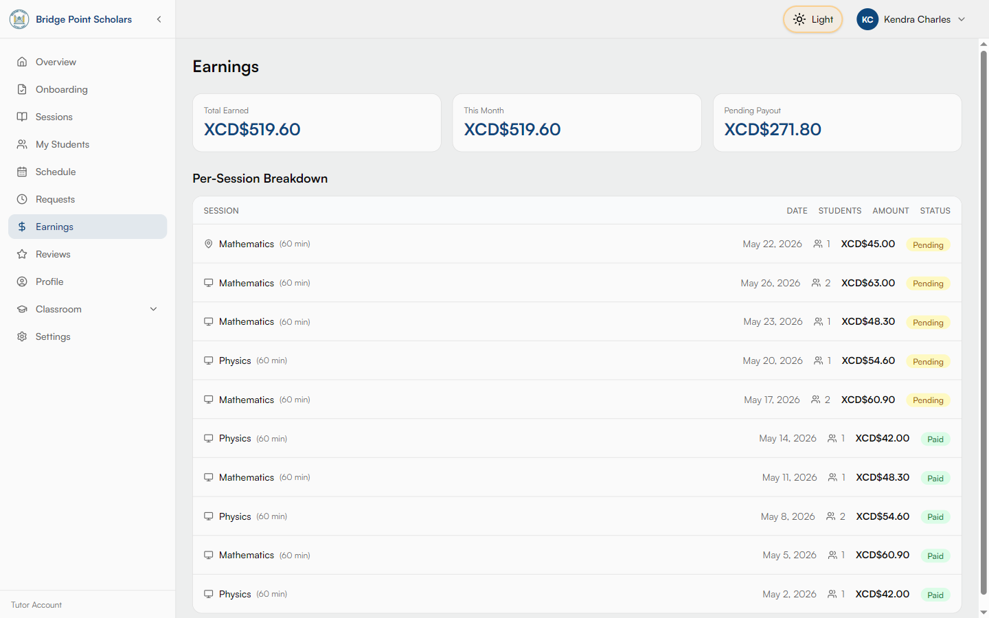 Tutor earnings page with totals and a per-session breakdown