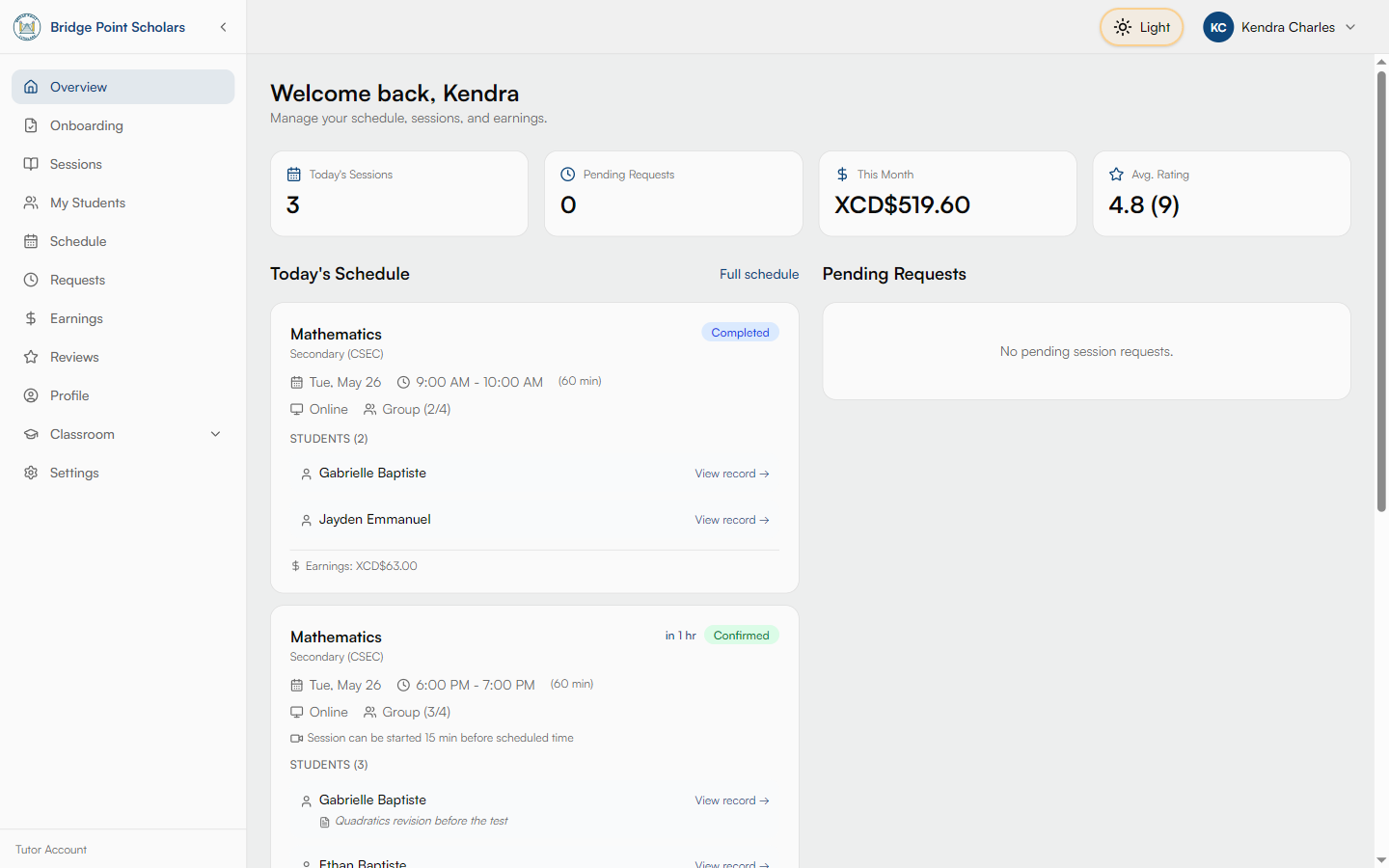 Tutor dashboard overview with today's sessions, monthly earnings and rating