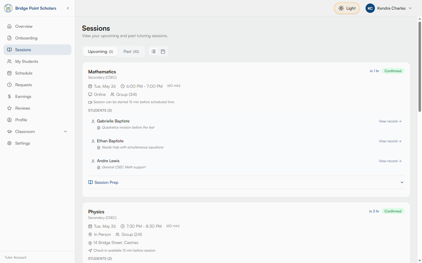Tutor sessions page with upcoming and past sessions and student notes